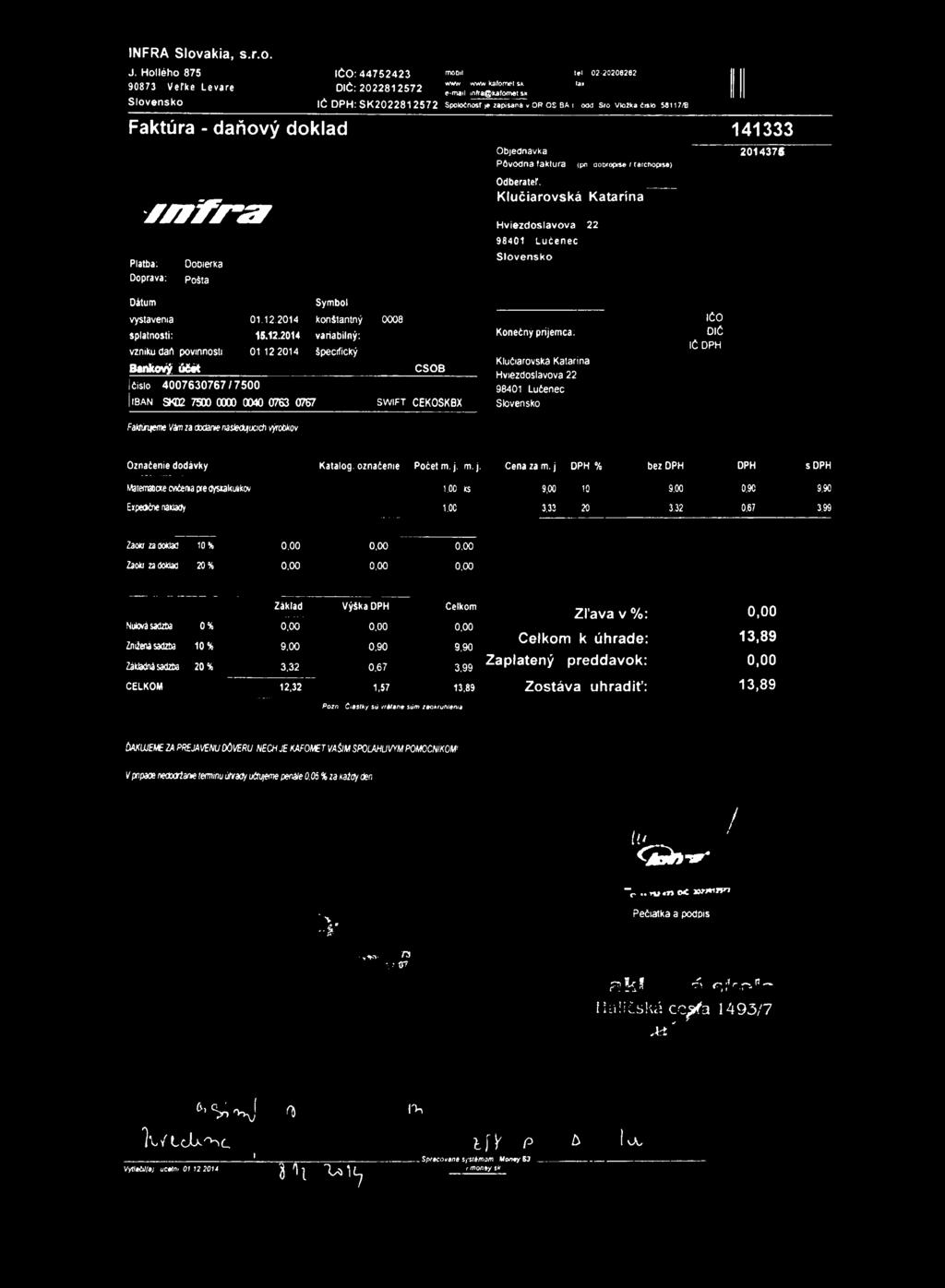 kalomet sk fa* e-mail mfra@kafomei sk IČ D P H : S K 2 0 2 2 8 1 2 5 7 2 Spoloínosr j«zapísaná v OR OS SA i odd Sio VloJka <isk> 58117/B Objednavka PÔVOdna faktúra Odberateľ.