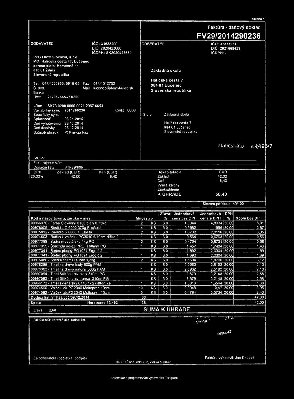 Strana 1 DODAVATEĽ PPG Deco Slovakia, s.r.o. MO, Haličská cesta 47, Lučenec adresa šidla: Kamenná 11 010 01 Žilina Slovenská republika Tel. 047/4333986,0918 65 Č. dod.