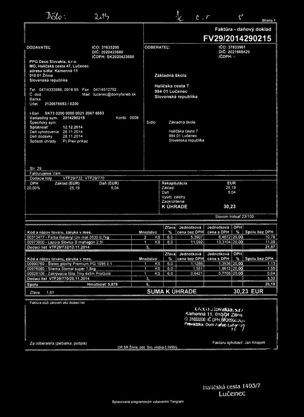 T > 6 lo -> M b ic C. r ť Strana 1 DODAVATEĽ PPG Deco Slovakia, s.r.o. MO, Haličská cesta 47, Lučenec adresa šidla: Kamenná 11 010 01 Žilina Slovenská republika Tel. 047/4333986,0918 65 Č. dod.