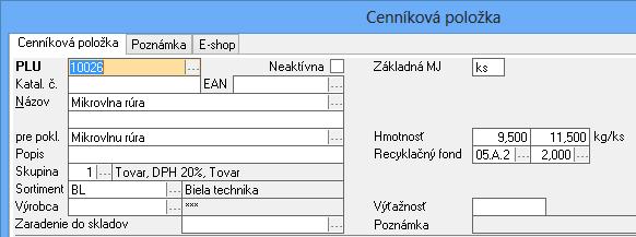 Obr. 3 Hmotnosť v prvom okienku sa zadáva jednotková hmotnosť tovaru netto, t.j. hmotnosť tovaru bez obalu (napr. 9,5 kg/ks). V druhom okienku sa zadáva jednotková hmotnosť brutto, t.j. hmotnosť tovaru s obalom (napr.