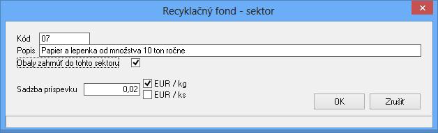 Program umožňuje predvoliť niektorý zo sektorov na obaly ako predvolený sektor, t.j. ak sa v druhom políčku Recyklačného fondu nevyplní nič, potom sa obaly automaticky zaradia do predvoleného sektora.