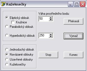 5 Kuželosečky a NURBS plochy Pro názornější ukázku dané tématiky jsem vytvořila program Kuželosečky a program NURBS. Program Kuželosečky, jak už jeho název napovídá, se zabývá oblouky kuželoseček.