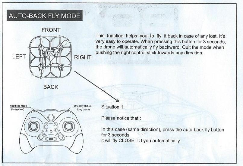 Nezáleží na tom, jak je dron orientován. Pro ukončení funkce pohněte ovládací páku v libovolném směru. Automatický návrat provedete podržením tlačítka Auto back fly po dobu 3 sekund.