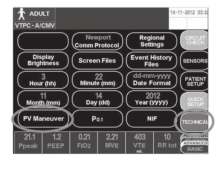 A Dodatok k modelu T Obrázok 1. Obrazovka TECHNICAL zobrazuje, kde sa nachádza tlačidlo PV Maneuver Ako vykonať manéver PV Maneuver 1. Stlačte tlačidlo ponuky Setup & Calibration na ovládacom paneli.