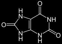 2.2 Kyselina močová Kyselina močová (acidum uricum, 2,6,8 trihydroxipurin) je slabá organická kyselina. Je bezbarvá, bez chuti a zápachu. Její molekulový vzorec je C 5 H 4 N 4 O 3.