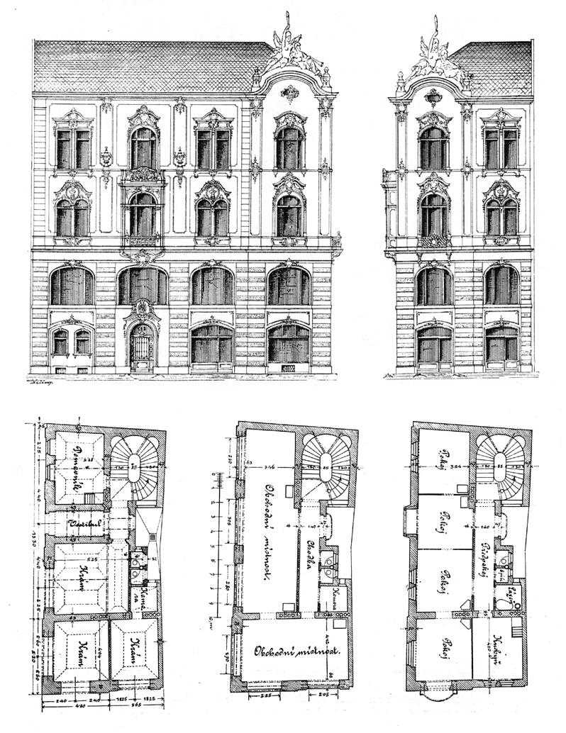 Svoboda / Praha stoletá (3) studie Obr. 38 A, B. Praha 1-Nové Město, čp. 132, Ostrovní 17, Mikulandská 1. Bohdan Pudlač, 1895. A Plán fasády.