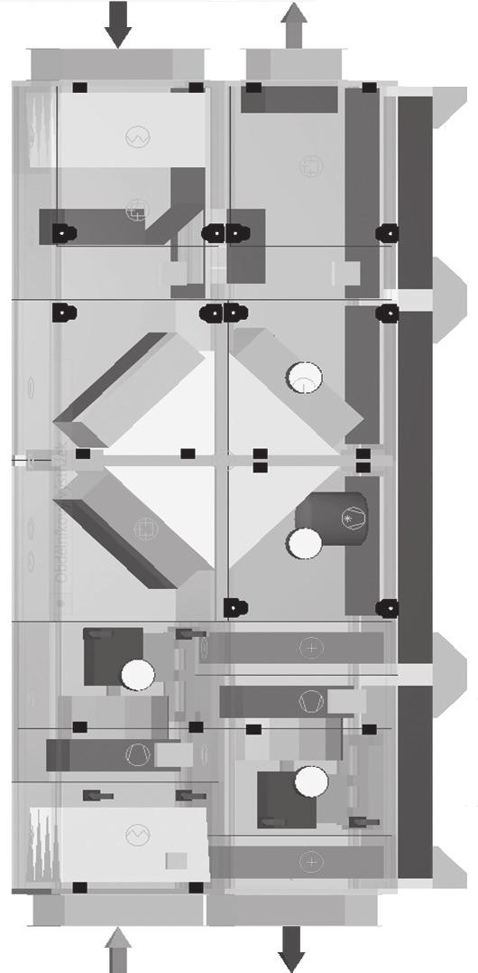 Standardní složení jednotky se směšováním, rekuperací a tepelným čerpadlem ODTAH VZDUCHU Z VĚTRANÉHO PROSTORU PŘÍVOD UPRAVENÉHO