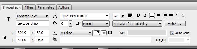 2 dynamický (Dynamic Text). Pomocou myšky nakreslíme rámček. Čo bude vlastne náš textový kontajner (dynamické textové pole). Ak potrebujeme, vieme rámčeku zadať presne rozmery (šírku a výšku).