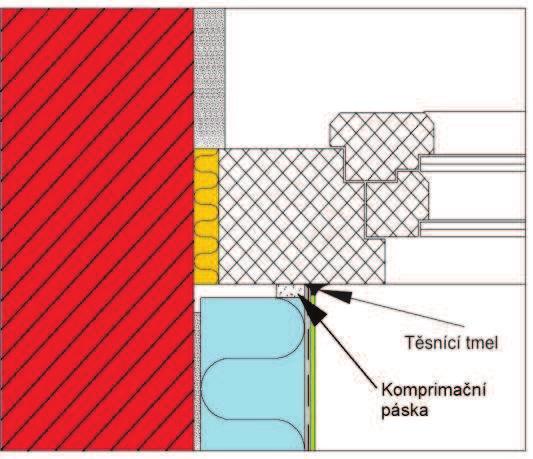 20). Obr. 19 Styk zateplení s okenním rámem řešený použitím pružného tmelu (starší způsob aplikace) Obr.