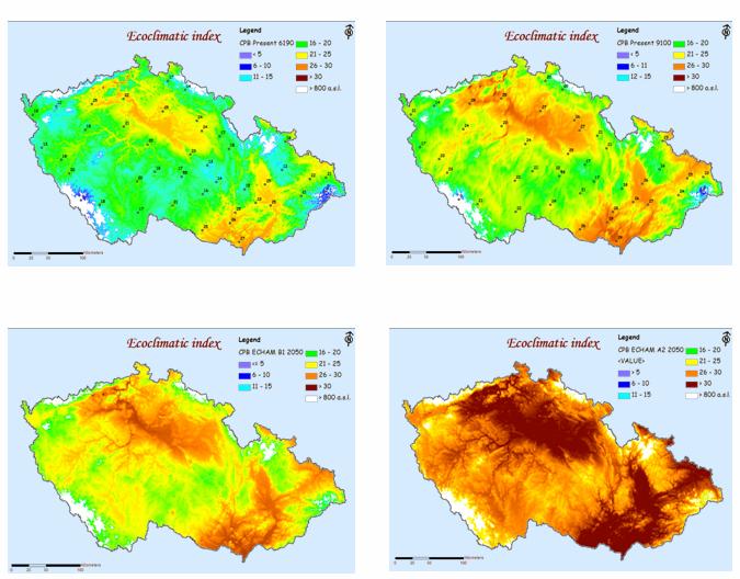 Výstupy modelů CLIMEXu - jak pro současné i očekávané klimatické podmínky byly pro lepší vizualizaci zpracovány v GIS.