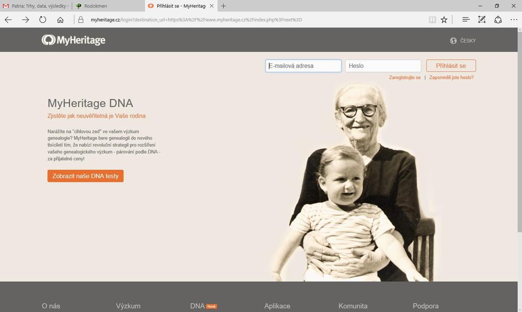 MyHeritage Uvítací okno s prvky pro