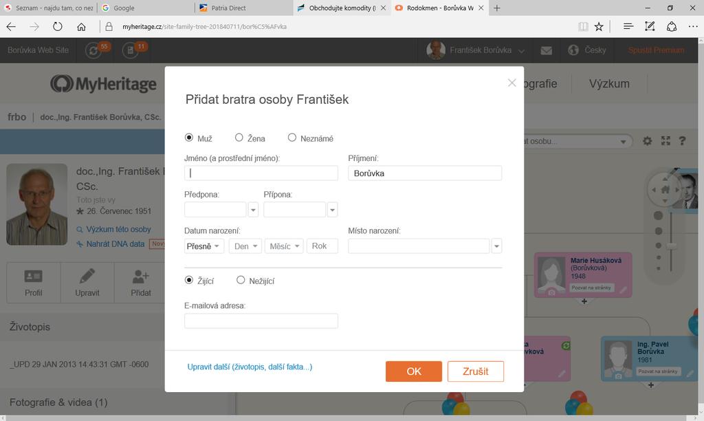 MyHeritage - ovládání Vyplníme