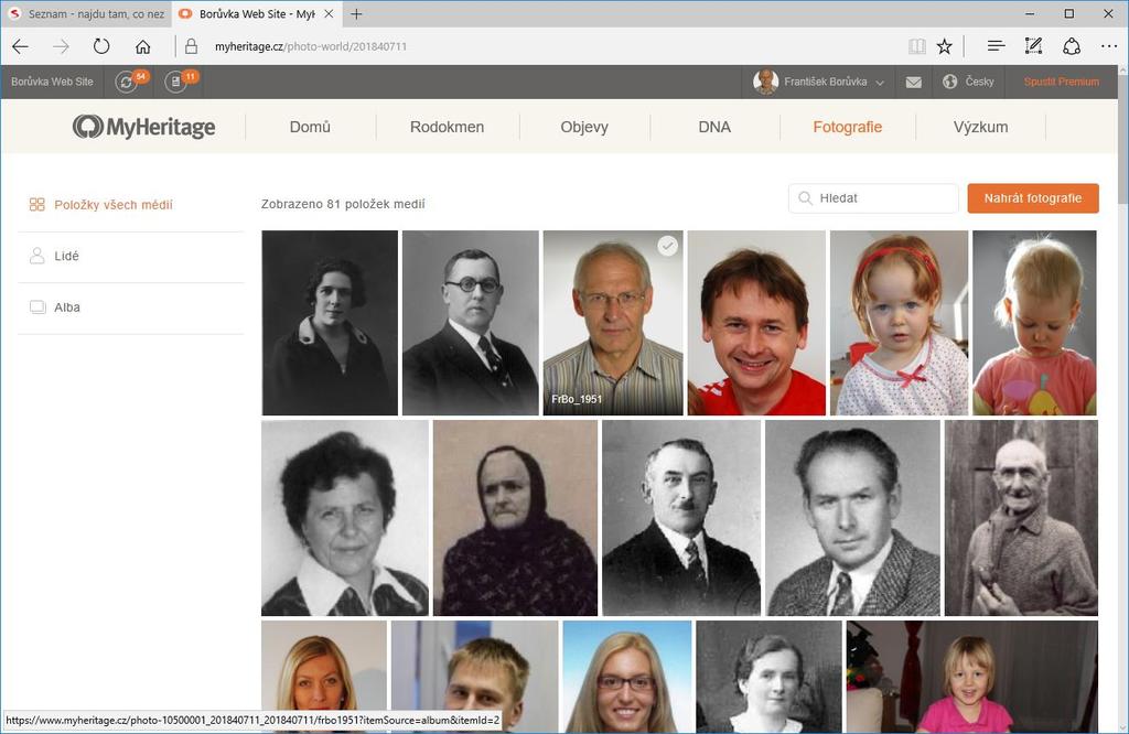 MyHeritage - ovládání Fotogalerie,