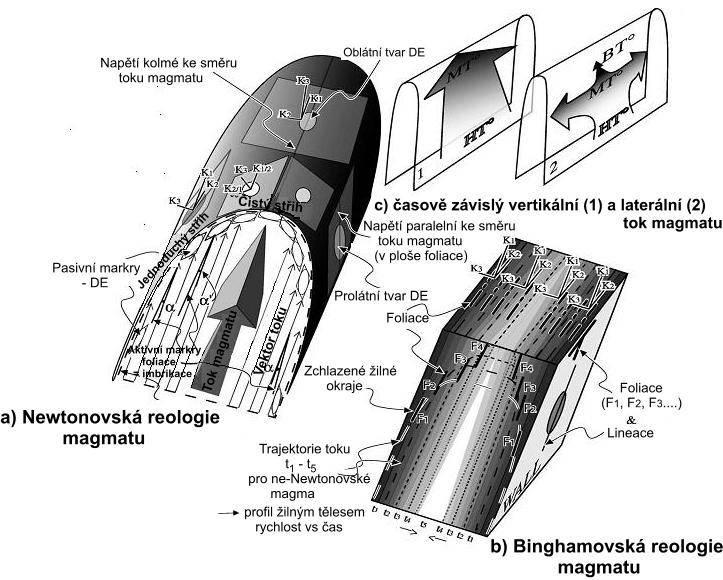 bývají částečně šikmé k žilným stěnám (viz Obr. 6). Magnetické lineace pak zobrazují trajektorie magmatického toku.