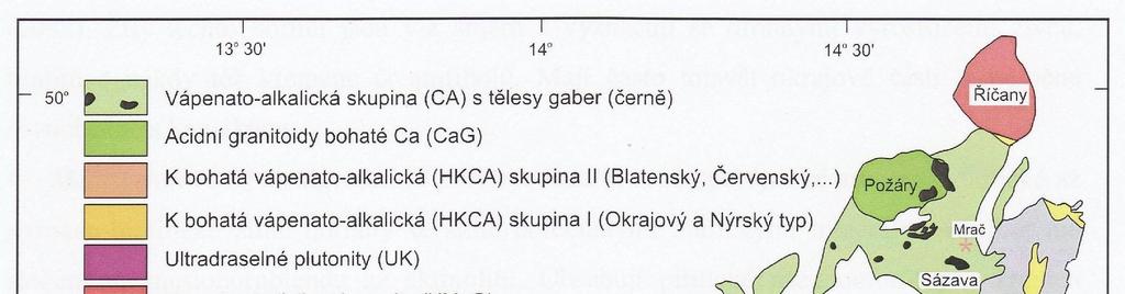 Obr. 11 Mapa SK s rozlišenými typy plutonických hornin (Holub et al., 1997a). 8.1. Žilné horniny SK Žilné roje, prostorově spjaté se Středočeským plutonickým komplexem (SK), jsou jedním z nejzajímavějších geologických fenoménů v oblasti Českého masivu.