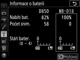 A Multifunkční Battery Pack MB-D18 Na obrázku je uvedena indikace pro Battery Pack MB-D18. Při použití baterií EN-EL18b je v případě potřeby indikována nutnost kalibrace.