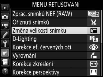 Změna velikosti snímku Tlačítko G N menu retušování Tato položka vytváří malé kopie vybraných snímků. 1 Vyberte položku Změna velikosti snímku.