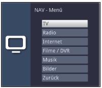 10 Volba funkce > Stisknutím tlačítka Volba funkce (NAV) otevřete navigační menu (NAV menu), určené pro volbu požadované funkce. > Označte tlačítky šipek nahoru / dolu funkci, kterou hodláte vyvolat.