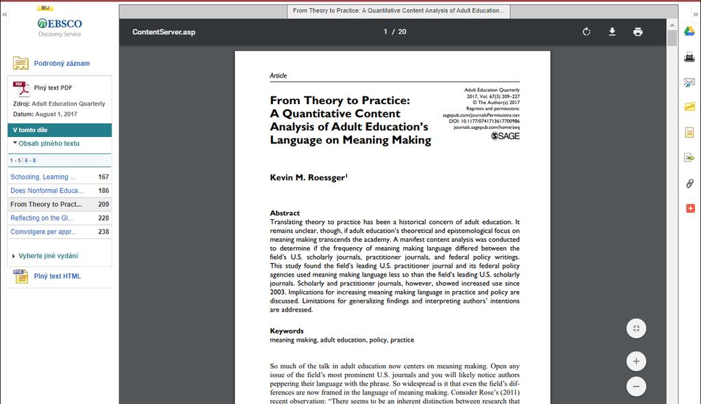 Plný text PDF Při zbrazení plnéh textu v PDF frmátu je dkument zbrazen v aplikaci pr prhlížení PDF. Panel nástrjů Při prhlížení článku máte k dispzici něklik nástrjů p pravé straně brazvky.