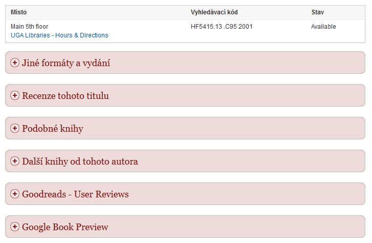 Rzšířené katalgvé záznamy mhu bsahvat: Recenzi nalezenéh titulu Pdbné knihy Další knihy d stejnéh autra Suhrny z databáze Literary Reference Center Hdncení ppularity titulu.