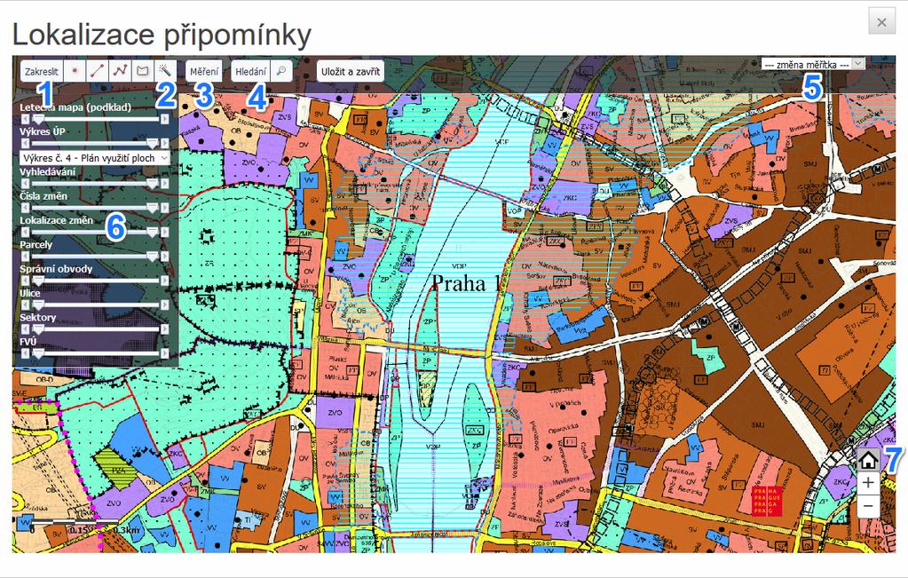 Okno lokalizace Obrázek 4: Okno lokalizace V okně lokalizace lze zakreslit Vámi požadovanou změnu přímo do mapy. Zleva v horní části č.