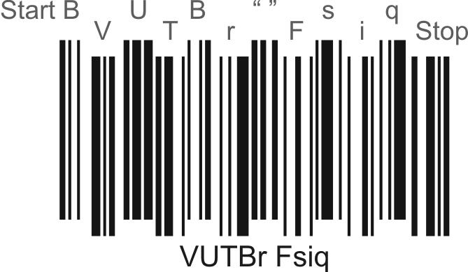 Strana 31 Kontrolní znak dle tabulky je tedy q Výsledný řetězec bude: VUTBr Fsiq Obr. 5.4 Čárový kód Code 128 5.1.8 Code 93 Čárový kód Code 93 vyvinula v roce 1982 firma Intermec.