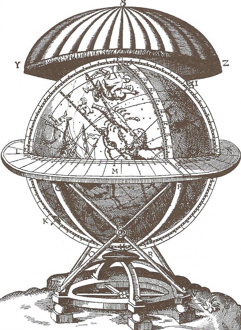 Obr. 14. Velký glóbus, který zdobil knihovnu Tychona Brahe na Uraniborgu. Zdroj: Brahe,T., 1996, Přístroje obnovené astronomie, KLP - Koniasch Latin Press, Praha, zde s. 90.