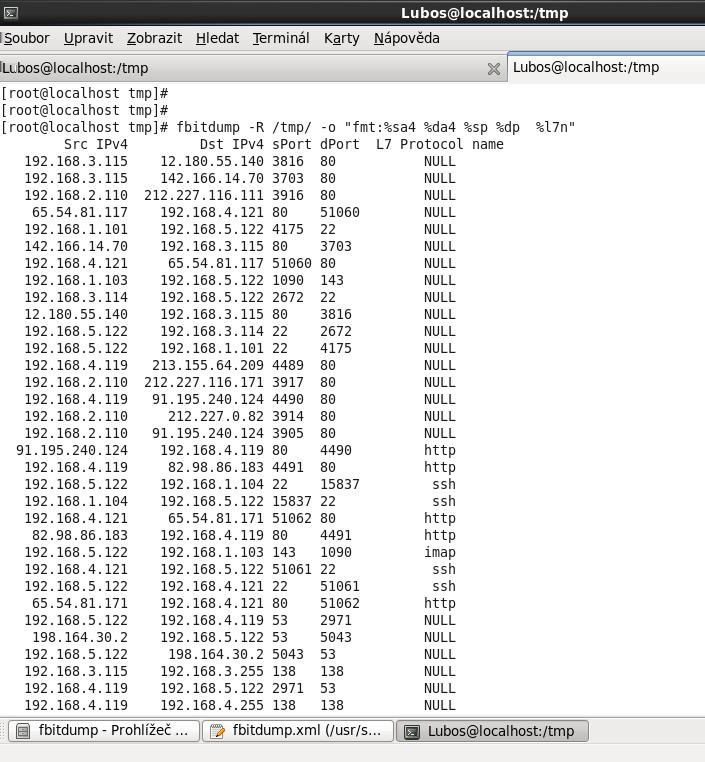 Obrázek 5.4: Výpis exportovaných dat programem fbitdump 5.4 Shrnutí kapitoly Tato kapitola se zabývala testováním vytvořeného pluginu a vzorů pro síťové aplikace.