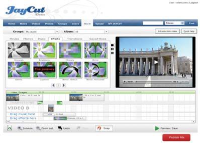 tor JayCut se ovládá podobně jako programy instalované v počítači. K dispozici máte časovou osu pro vkládání videosekvencí, hudby na pozadí a doplňkových obrázků.
