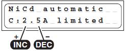 Automatický program NiCd V tomto programu nabíječka automaticky detekuje typ připojeného akumulátoru NiCd a nastaví podle toho nabíjecí proud, aby nedošlo přebití akupacku.