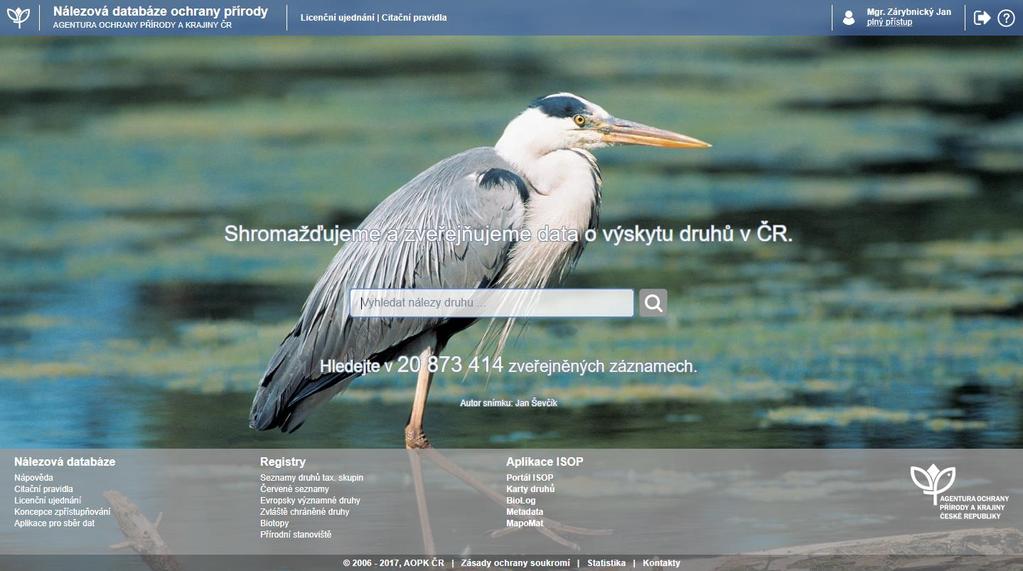 Nálezová databáze OP Přístupná pro veřejnost Více jak 20 000 000 druhových
