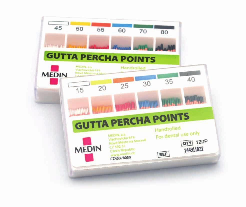 ENDODONCY ENDODONCIE Gutta Percha Points Čepy gutta percha True to size and shape with excellent workability Hand-rolled from highest quality Gutta Percha to extremely close tolerance Stiff but