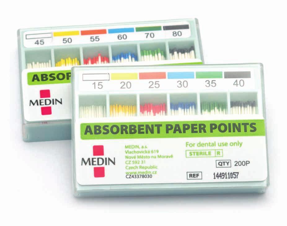 01 Absorbent Paper Points Čepy papírové absorbční True to size and shape with excellent workability Hand-rolled from highly absorbent paper to extremely close tolerance Rigid enough to easy insert