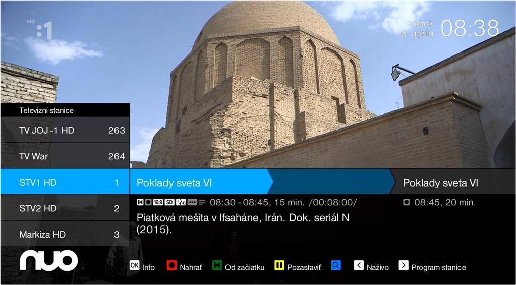 Informácie o relácii Základná informácia o aktuálne vysielanej relácii Stlačte tlačidlo OK, dole sa Vám zobrazí ponuka, obsahujúca základné informácie o vysielanej relácii.