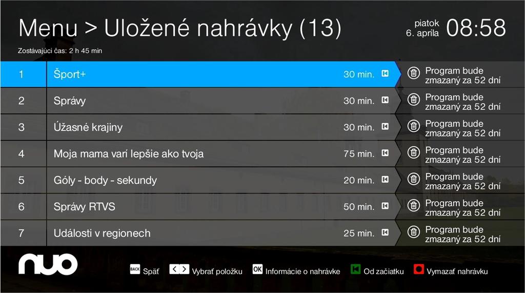 Vyberte si reláciu, ktorú chcete prehrať a stlačte tlačidlo OK.