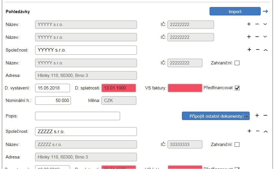 Rozbalením jednotlivých pohledávek můžete zkontrolovat, zda jsou data správně naimportovaná.