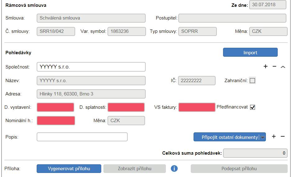 Nyní vyplňte všechna růžová pole. Upozornění VS faktury musí obsahovat pouze čísla a max 10 znaků.