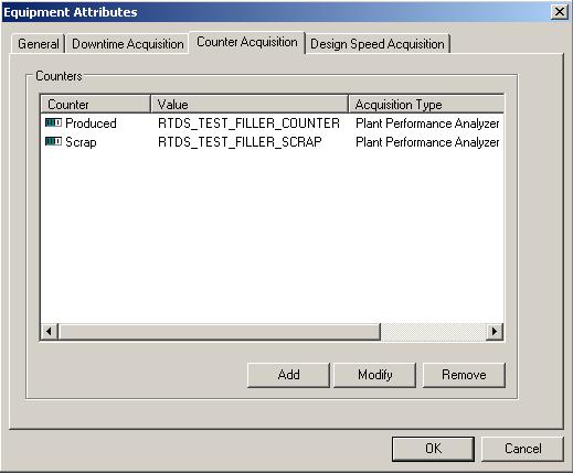 Obr. 16 Nastavení Counter Acquisition Data jsou ukládána do databáze Arch_RPT_MGR_OEERT546C3276-B61D-47fe- 9AF5-66BEE7A3BA76/OEECounterTable reprezentující Counter Acquisition.