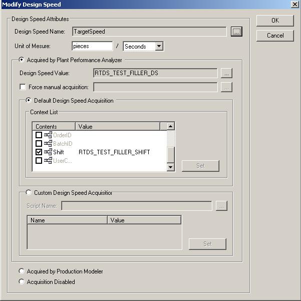 Obr. 17 Nastavení Design Speed Acquisition Data jsou ukládána do databáze Arch_RPT_MGR_OEERT546C3276-B61D-47fe- 9AF5-66BEE7A3BA76/OEEDesignSpeedTable reprezentující Design Speed Acquisition.