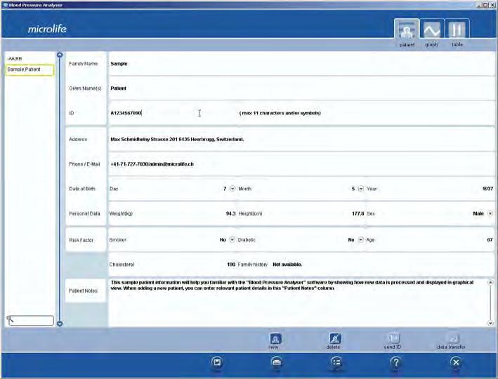 Přehled programu Základní okno programu Popis základního okna programu Blood Pressure Analyzer (BPA) Profil pacienta.