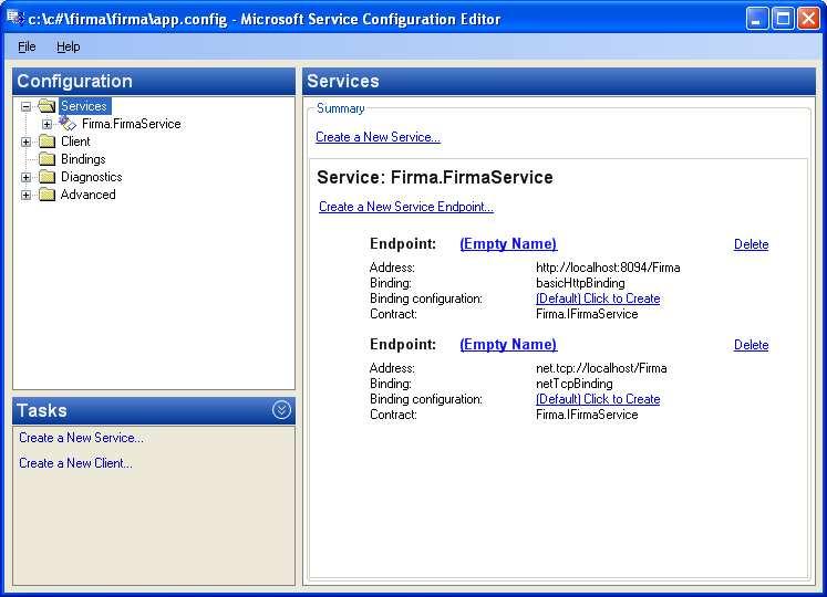 Výukové lekce Windows Communication Foundation Obrázek 10: Ukázka WCF Service Configuration Editoru Zároveň upozorňuji na možnost konfigurace ručně, která je také často využívaná pro svou rychlost