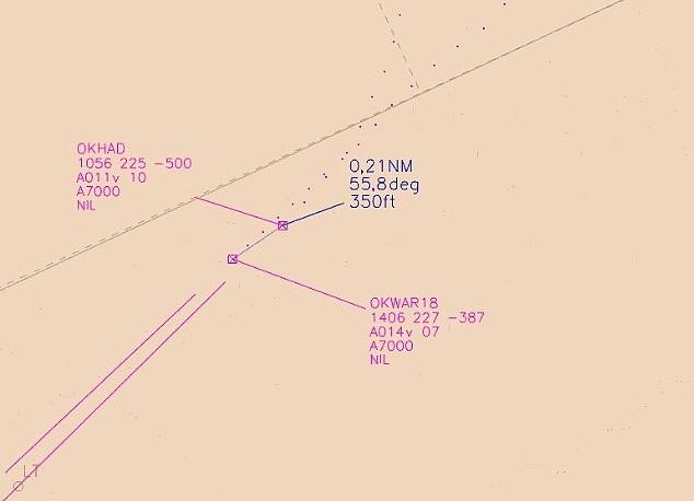 V 16:59:30 se pak OKHAD zatáčkou vlevo do kurzu cca 185 začal vracet k LKLT. Změnou trajektorie OKHAD se OKWAR18 provádějící přímé přiblížení dostal do polohy před OKHAD viz na obrázku č. 1. V 17:00:40 pilot OKWAR18 ohlásil úroveň Vinoře a zařazení na dlouhé finále RWY 23R.