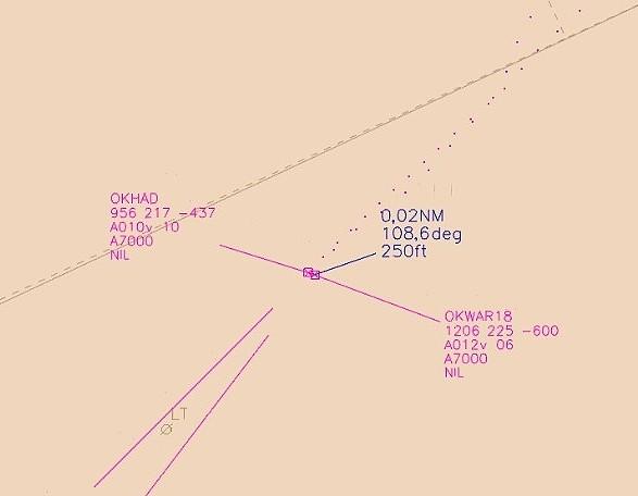 V 17:02:15, 0,9 km před THR RWY 23L, se OKHAD letící rychlostí 100 kt dostal zleva do polohy pod OKWAR18 provádějící poslední fázi přiblížení při rychlosti 60 kt na přistání na RWY 23R, viz obrázek č.