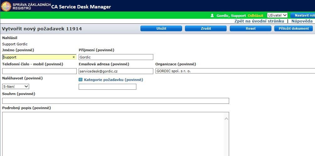 požadavek Obrazovka založení nového požadavku: Nahlásil Při vytváření