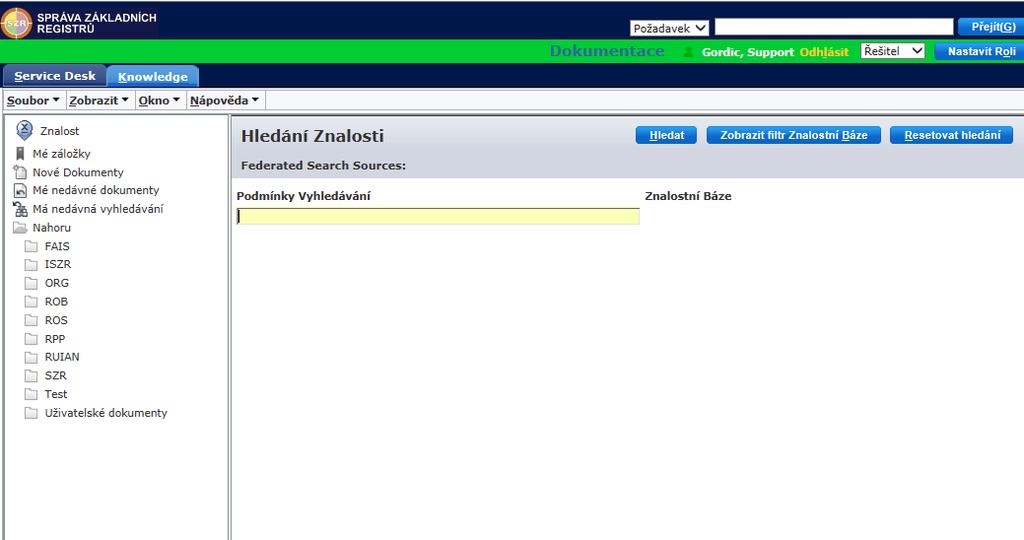 5. Práce se znalostní databází Znalostní databáze slouží řešitelům jako nástroj, umožňující vyhledávat vhodná řešení pro zadané požadavky, incidenty a problémy.