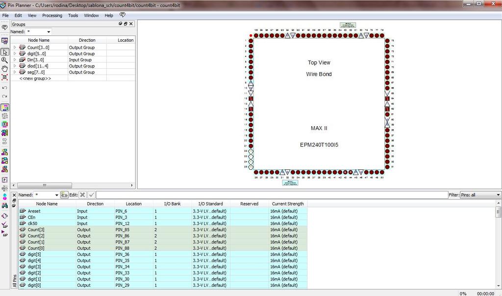 5.1.4 Přiřazení vývodů Přiřazení pinů lze v programu Quartus II provést třemi způsoby. První způsob je přes Pin Planner, v kterém je graficky zobrazené pouzdro obvodu.