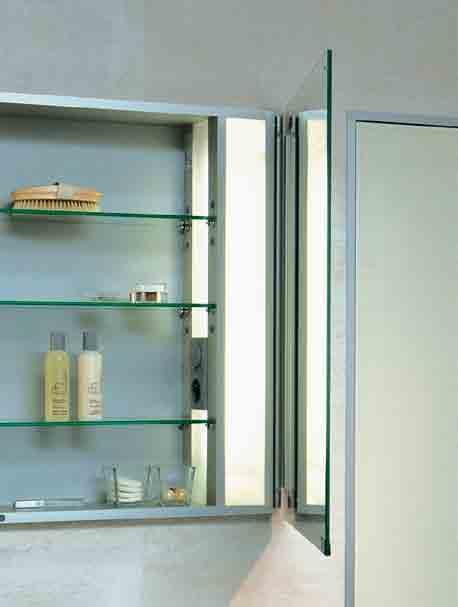 the mirror surface by a sanded sight glass, double-sided mirror doors with polished edge, chromium fittings, glass vertically adjustable shelves with polished edge, silver MDF back.