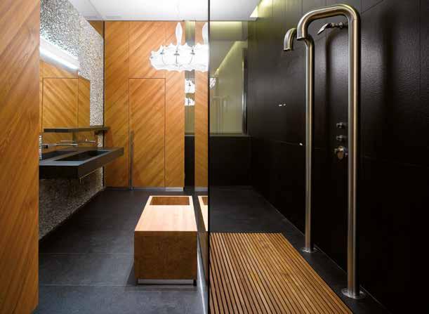 Bathroom and children s room with wooden paneling and furniture