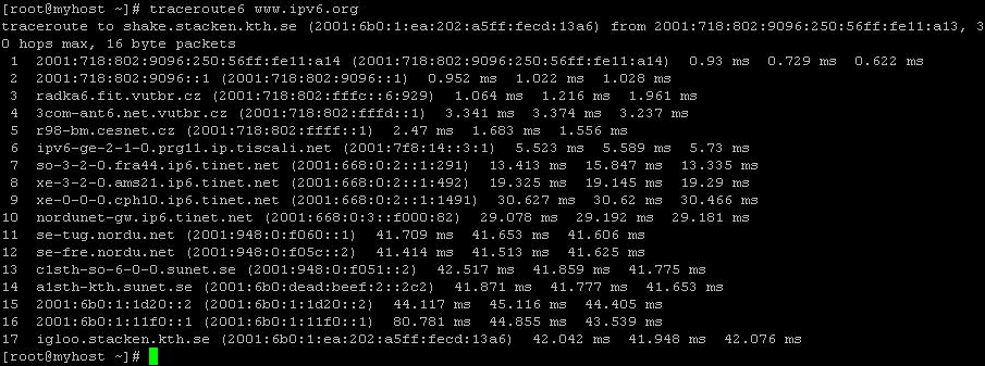 Po kontrole obdržení adres IPv6 můžeme ověřit, zda jsme opravdu docílili kýženého přesměrování klienta přes server, nebo-li zda námi nakonfigurovaný server pracuje jako výchozí brána pro námi