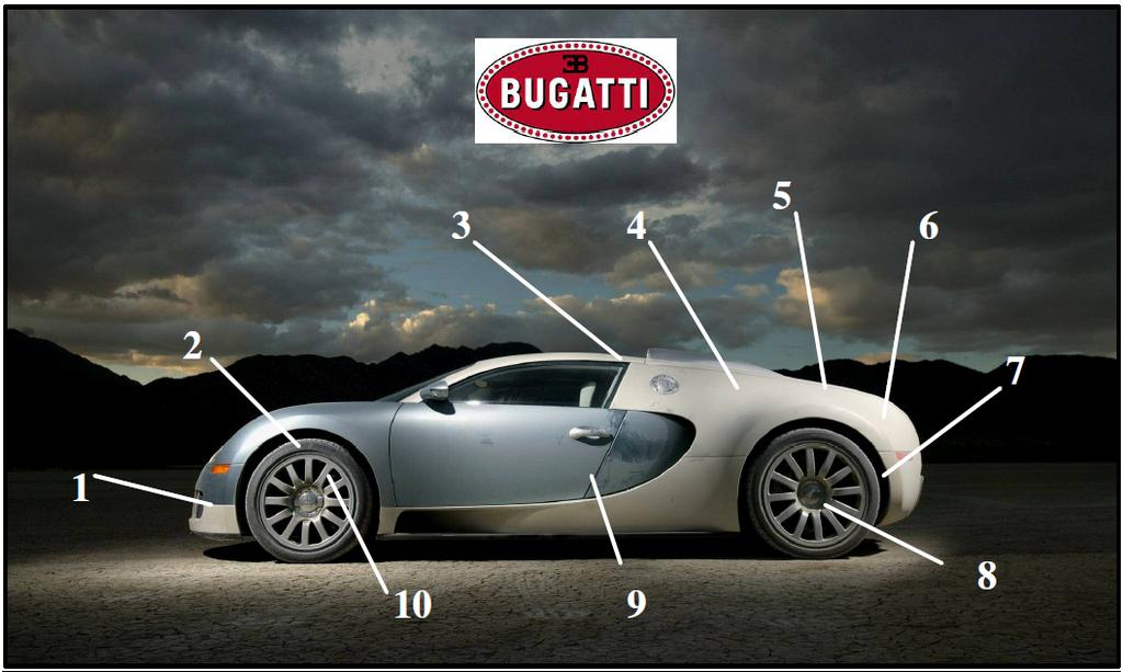 Application of Titanium in Bugatti Veyron: 1) meshed metal baffle, Titanium grade 2, 2) bolts of suspension, Ti- 6Al-4V, 3) bolts and inserts, Ti-6Al-4V, 4) engine: connecting rods, Ti-6Al-4V, 5)